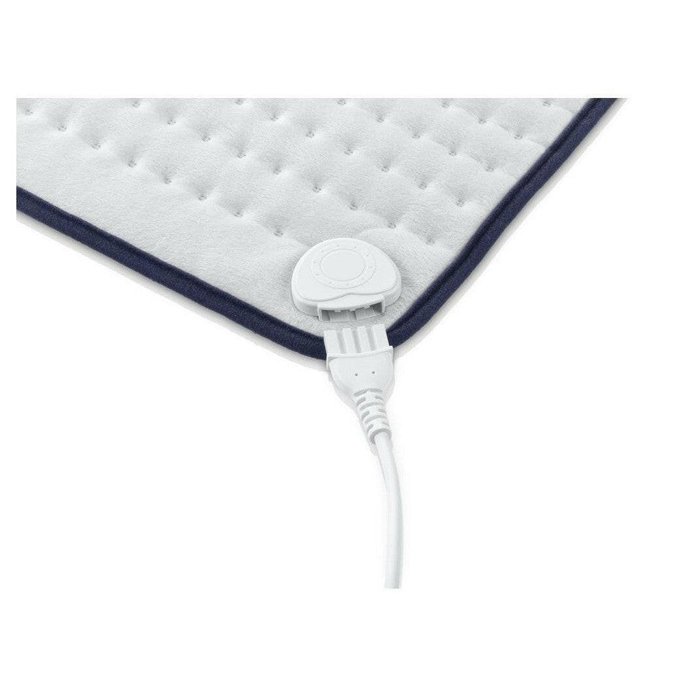 wit Medisana warmtekussen met donkerblauwe rand en afneembare bediening