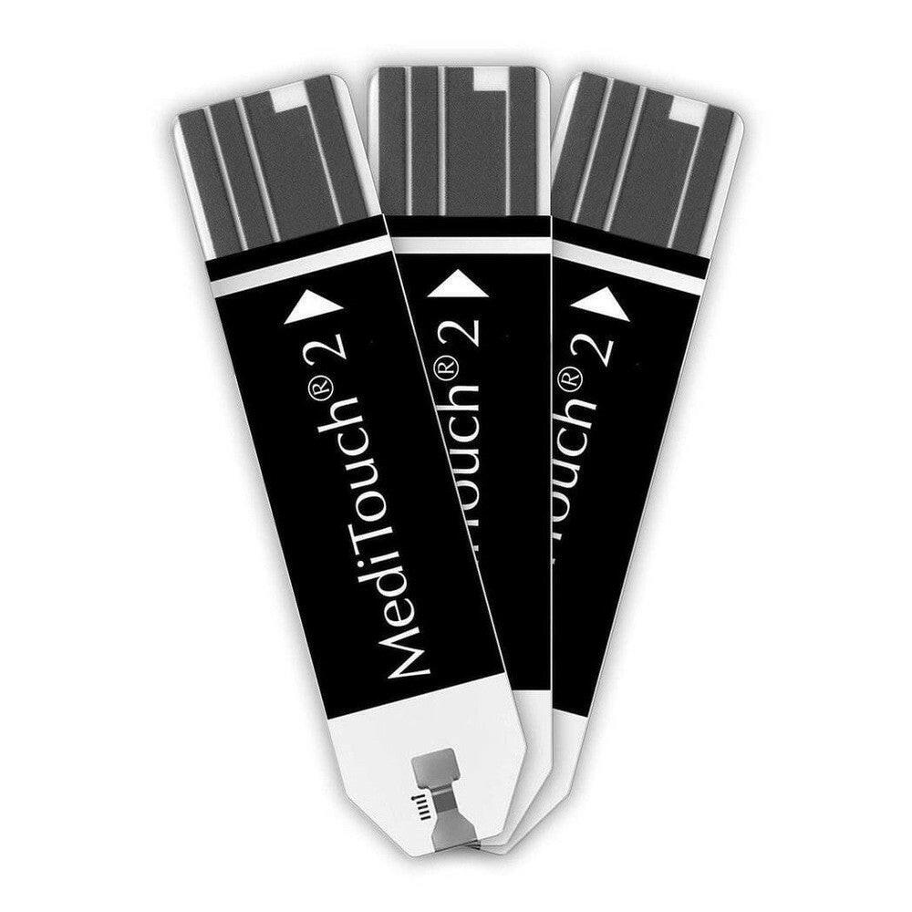 Drie Medisana MediTouch 2 diabetes teststrips voor thuisgebruik met resultaat na 5 seconden
