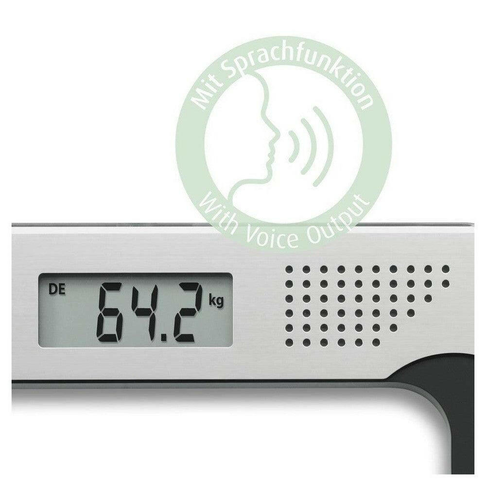 Detail van Medisana PS 416 display met spraakfunctie en groen logo