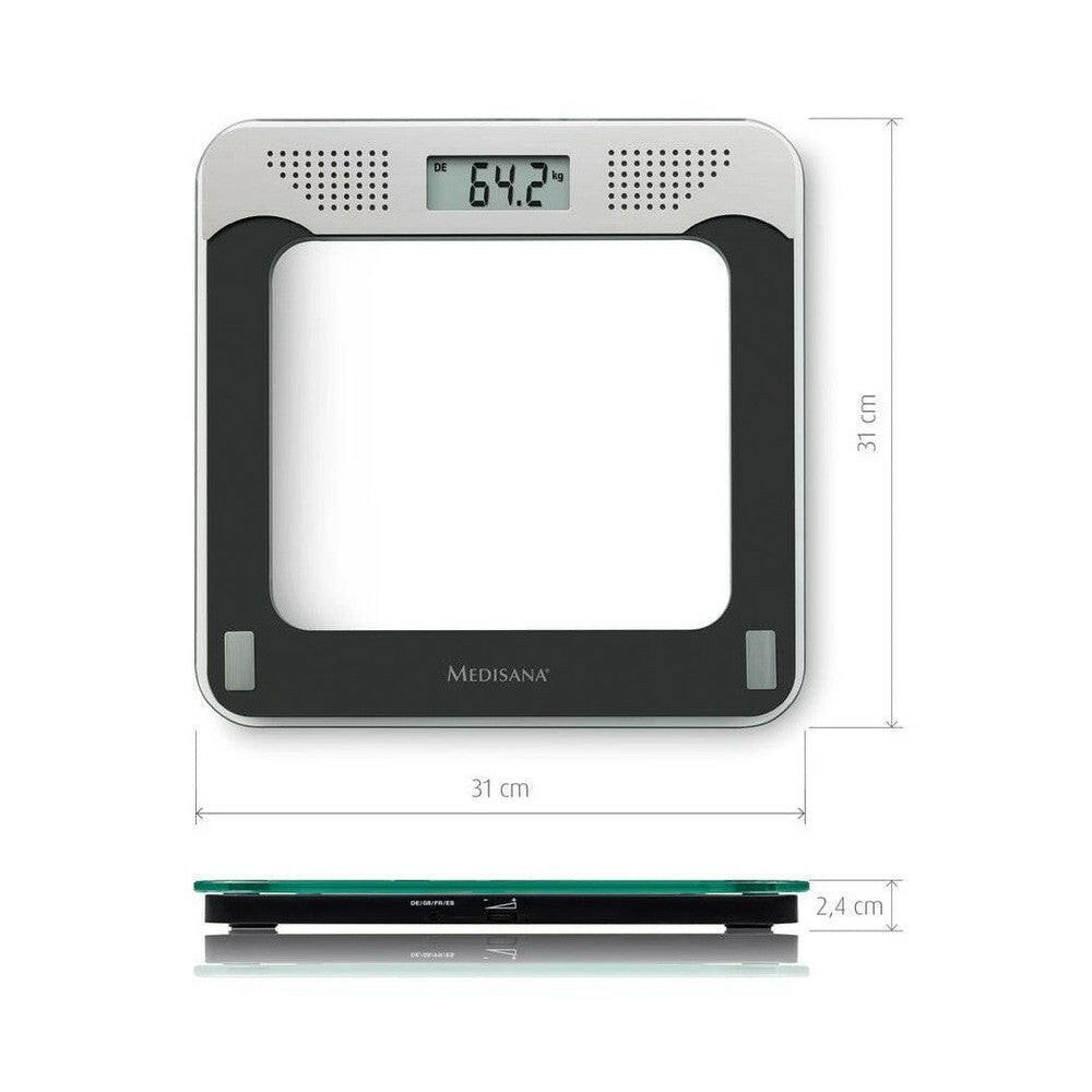 Medisana PS 416 digitale weegschaal met groot LCD-scherm, luidsprekers en afmetingen