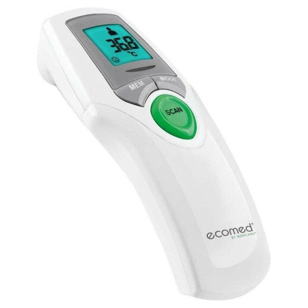 Medisana TM 65E Ecomed thermometer schuine hoek met blauw verlicht scherm en glimlach-icoon