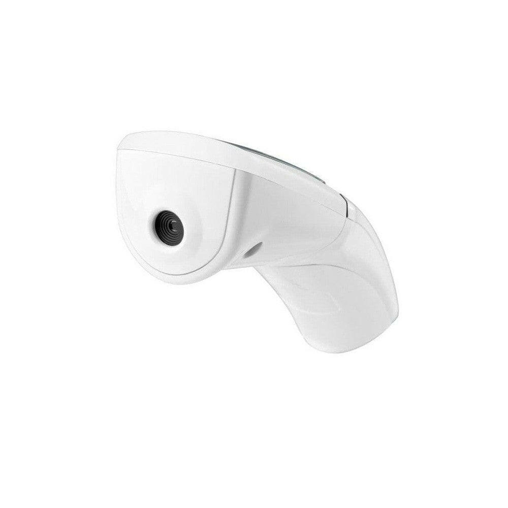 Achterkant van witte Medisana infrarood-thermometer met ronde zwarte sensoropening