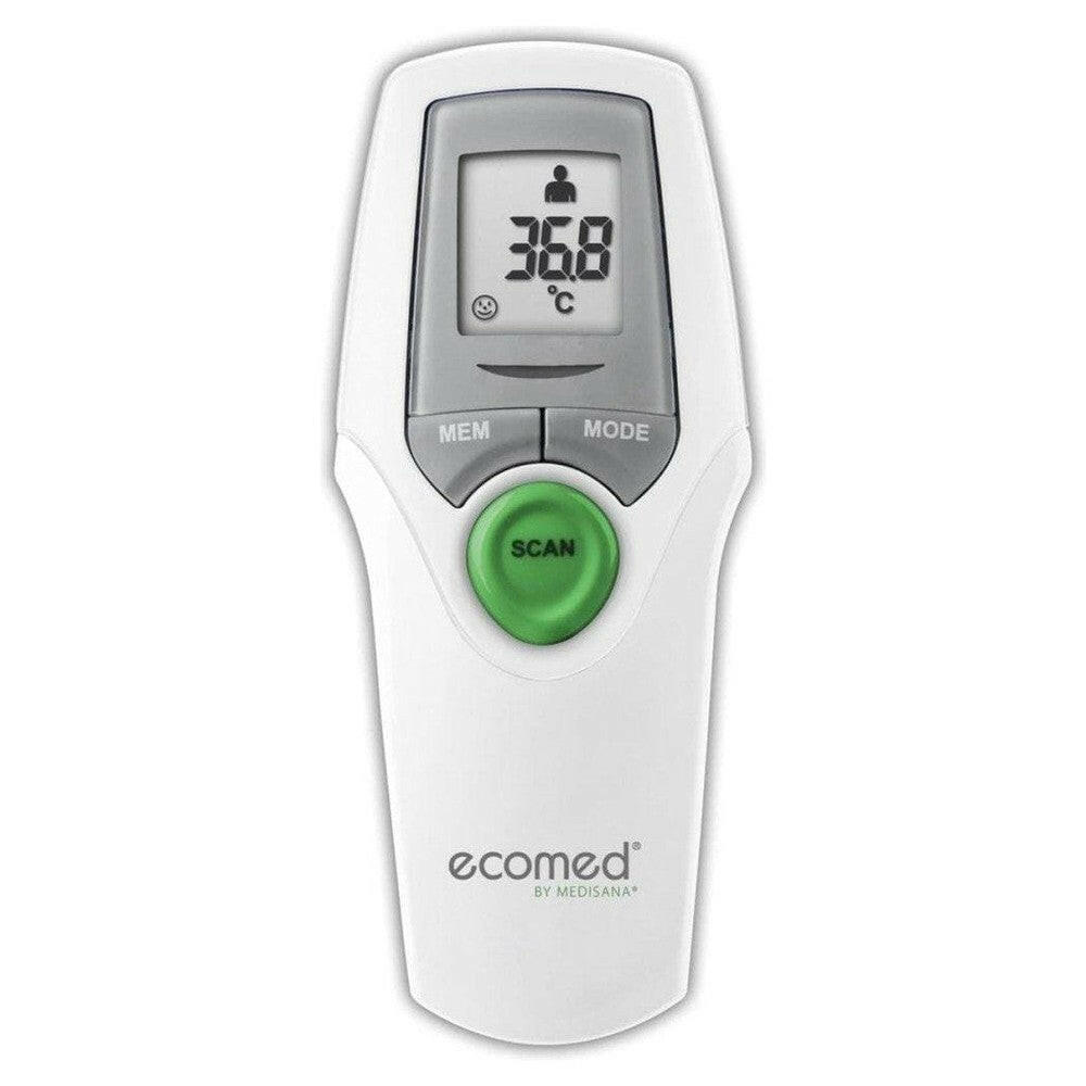 Witte Medisana infrarood-thermometer voorzijde met MEM, MODE en grote groene SCAN-knop