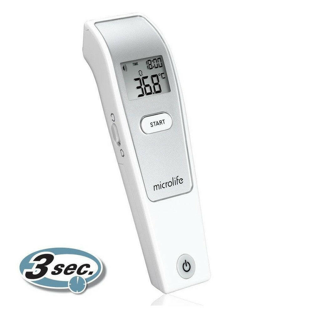Microlife NC150 voorhoofdthermometer 3 seconden meting blauw-wit logo en aan/uit-knop