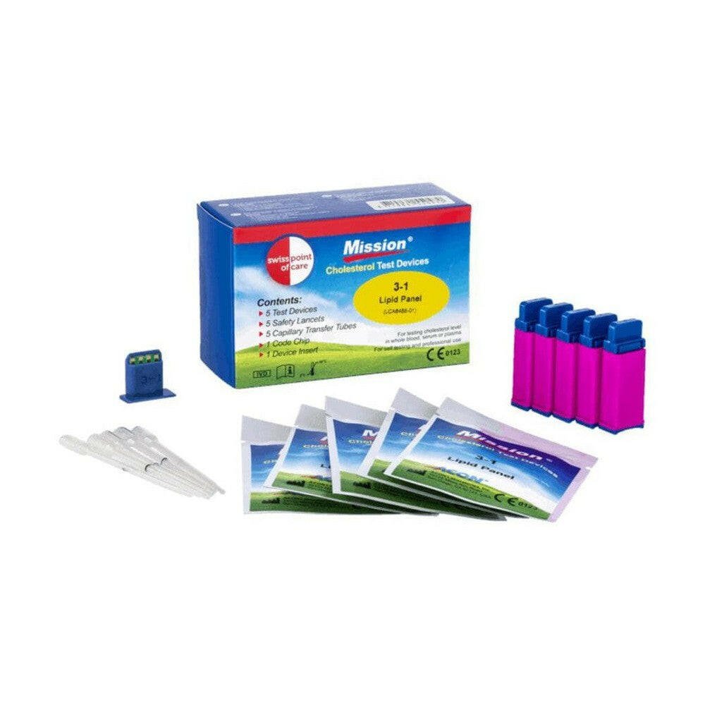 Mission 3-in-1 cholesterolteststrips doos met 5 strips, lancetten en capillaire buisjes