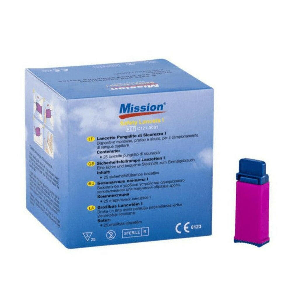 Mission Safety Lancetten I verpakking met 25 steriele lancetten en één paars-blauw exemplaar