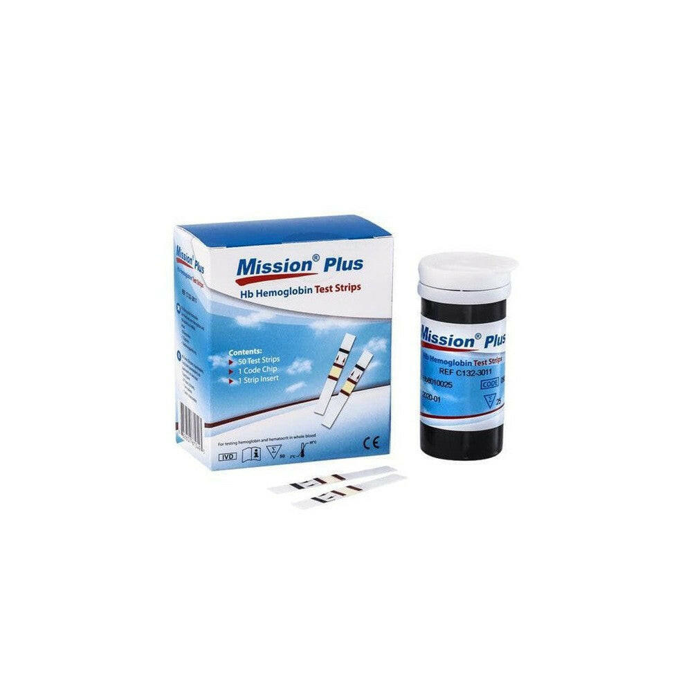 Mission Plus Hb teststrips verpakking met 50 strips en code-chip voor hemoglobine monitoring