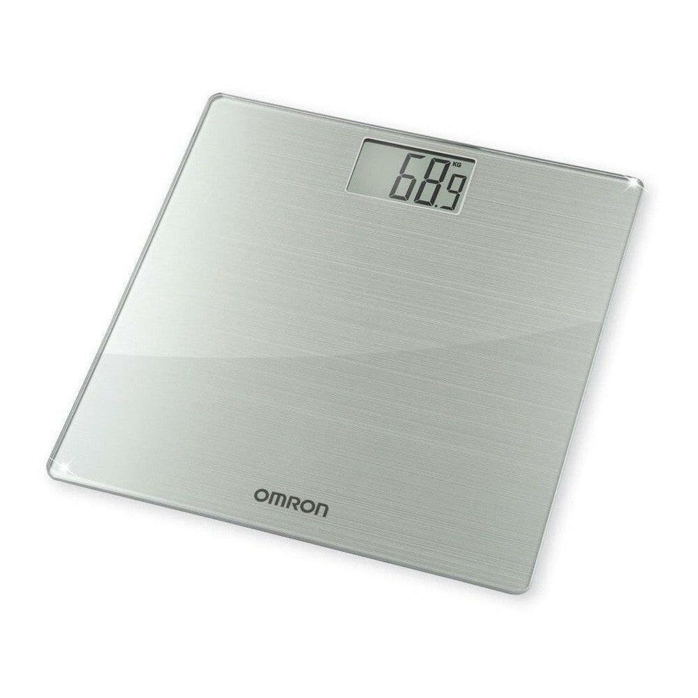 Witte Omron HN-288 digitale personenweegschaal met gehard glas en zilveren afwerking