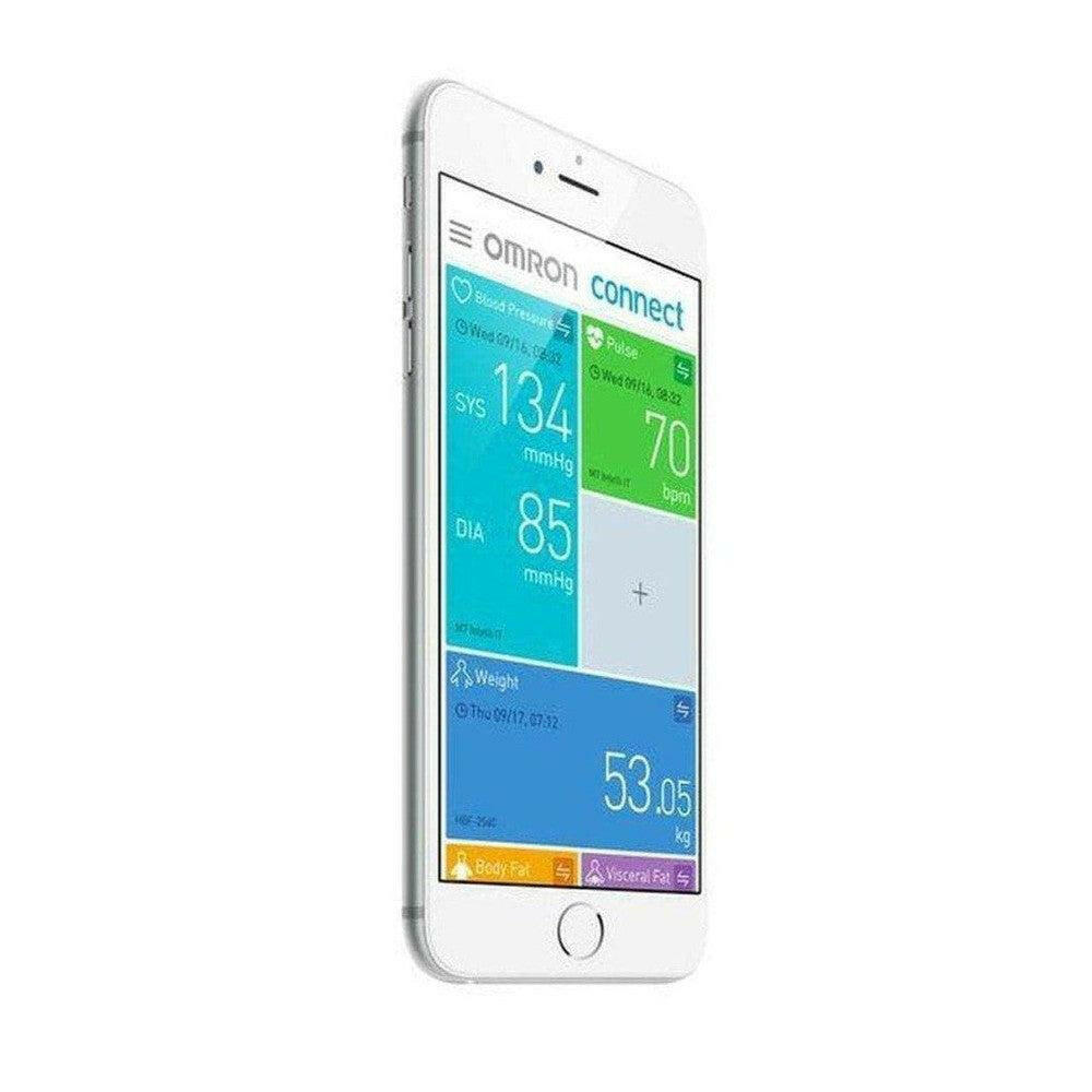 Omron Connect app op smartphone voor bloeddruk- en hartslagdata
