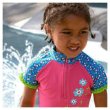 Close-up van roze Playshoes zwemkleding met bloemenprint en groene ruches aan de zoom