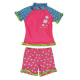 Playshoes kinderzwemkleding set roze-blauw met bloemenprint en halve rits, platgelegd weergegeven