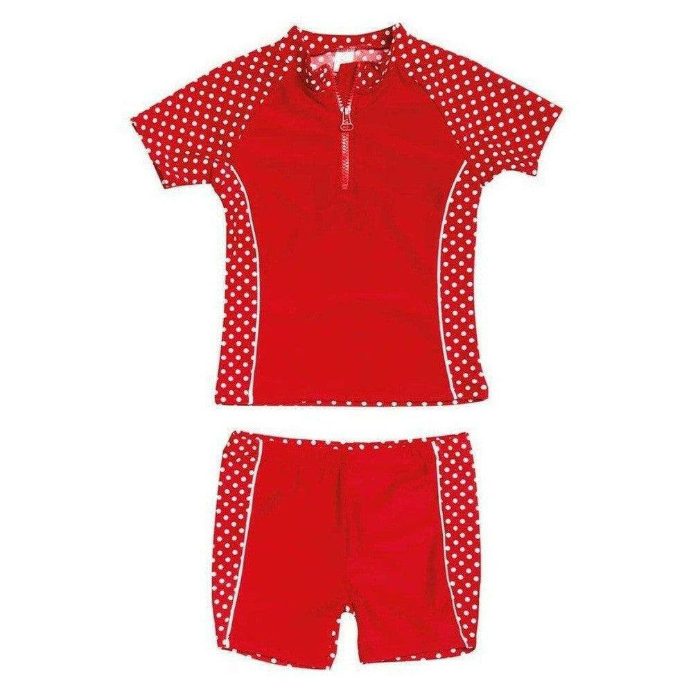 Rode Playshoes UV-zwemkleding set met halve rits en witte stippen voor kinderen