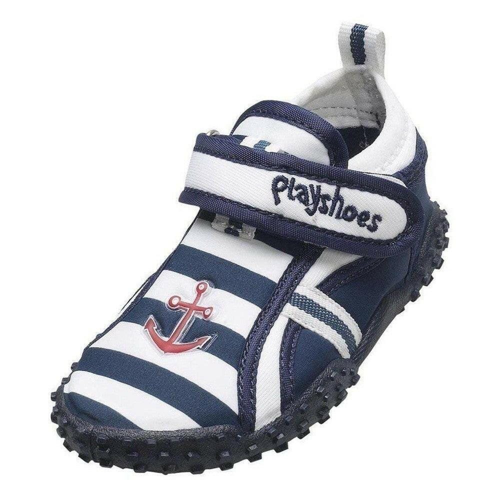 Playshoes waterschoenen marineblauw-wit gestreept met ankerembleem en klittenbandsluiting voor kinderen