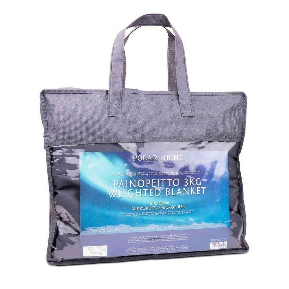 Grijze draagtas met label Polar Night 3kg verzwaringsdeken 100x150cm