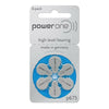 Blauwe PowerOne P675 hoortoestelbatterijen 6-pack in zilveren verpakking met bloemvormige indeling