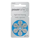 Blauwe PowerOne P675 hoortoestelbatterijen 6-pack in zilveren verpakking met bloemvormige indeling