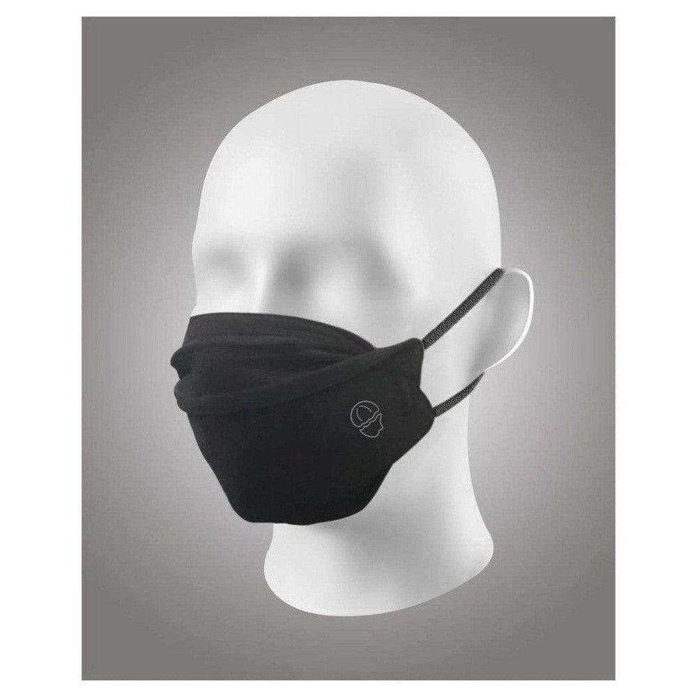 Zwart tweelaags herbruikbaar mondmasker Ribcap op mannequin met wit logo