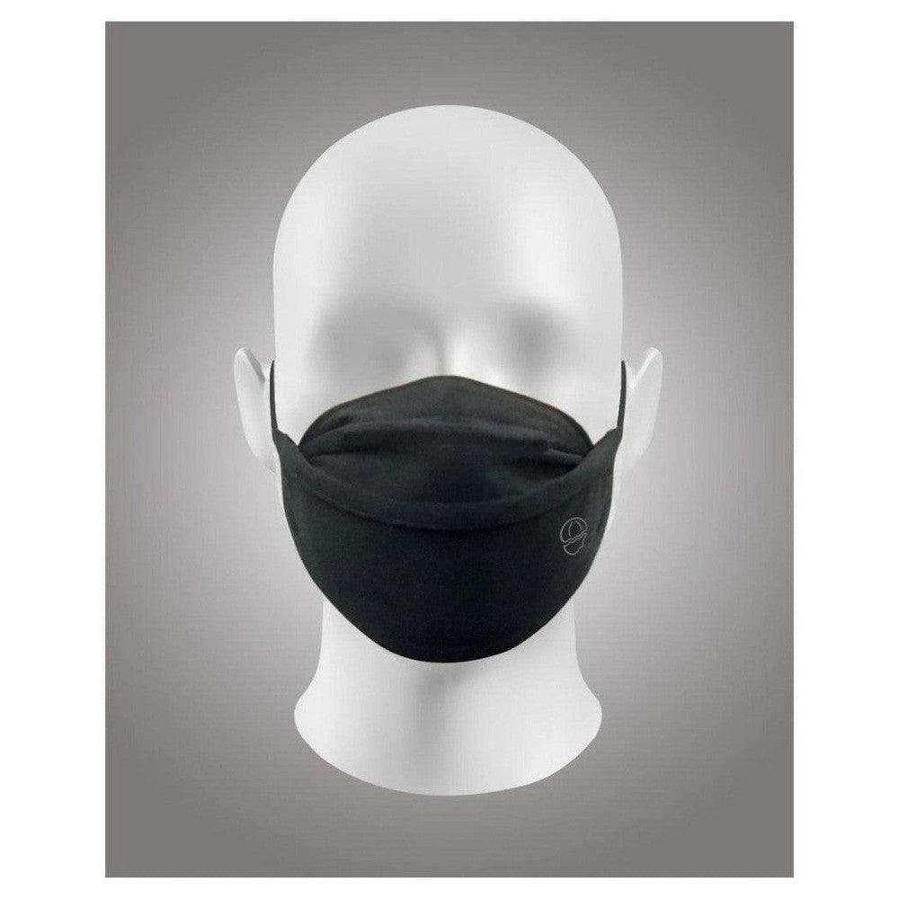 Voorzijde zwart tweelaags ademend mondmasker Ribcap met zichtbare oorbanden