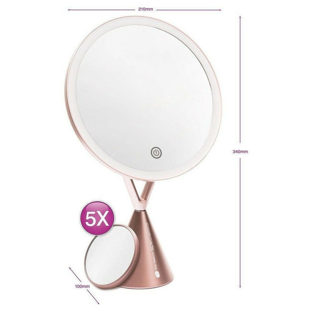 Technische tekening van verlichte make-upspiegel met 5x vergroting en mat roze afwerking