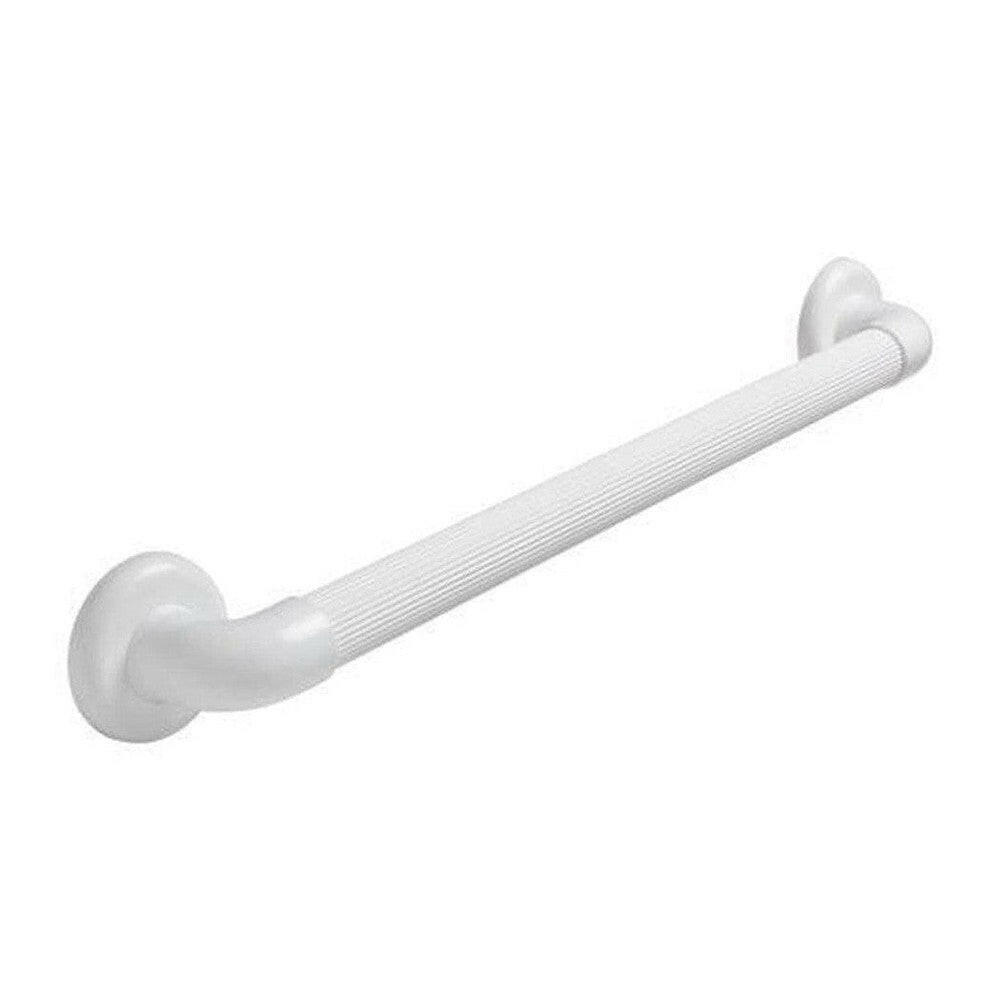 Witte toiletbeugel met horizontale geribbelde greep en ronde montageschijven
