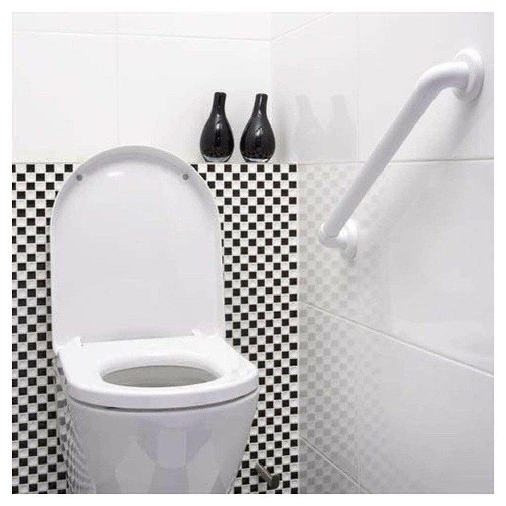 Gemonteerde SecuCare wandbeugel in badkamer naast toilet voor valpreventie