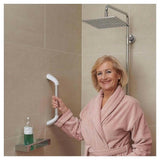 SecuCare wandbeugel aluminium met witte greep verticaal gemonteerd in douche