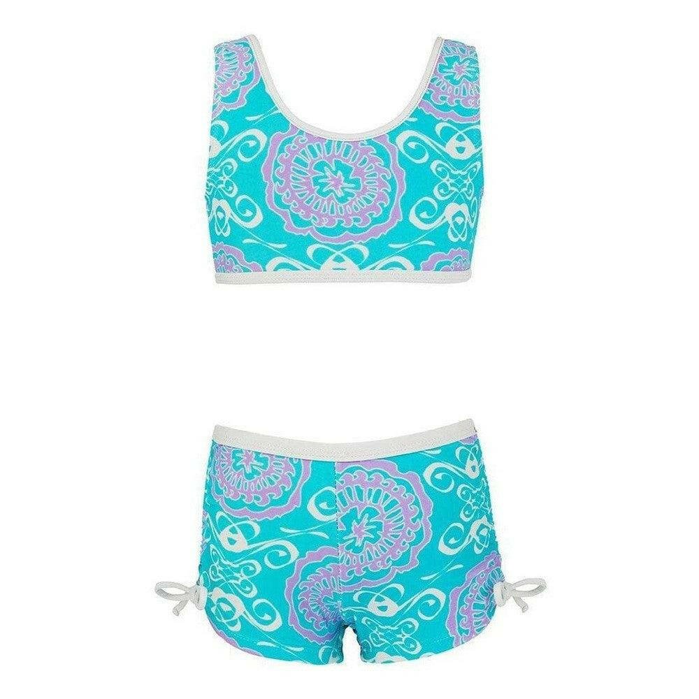 Turkooise kinder zwemtop en broek met paarse bloemenpatroon