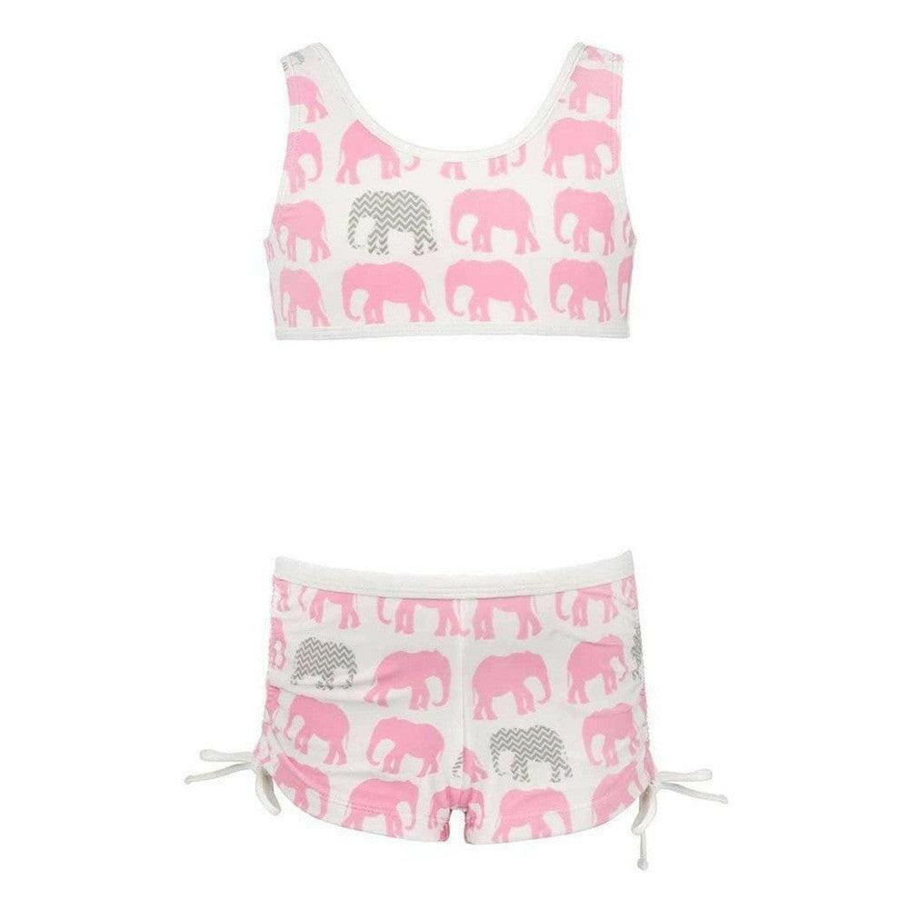 Snapper Rock 3-delige UV-bikini set voor kinderen met roze olifantenprint en witte strikjes