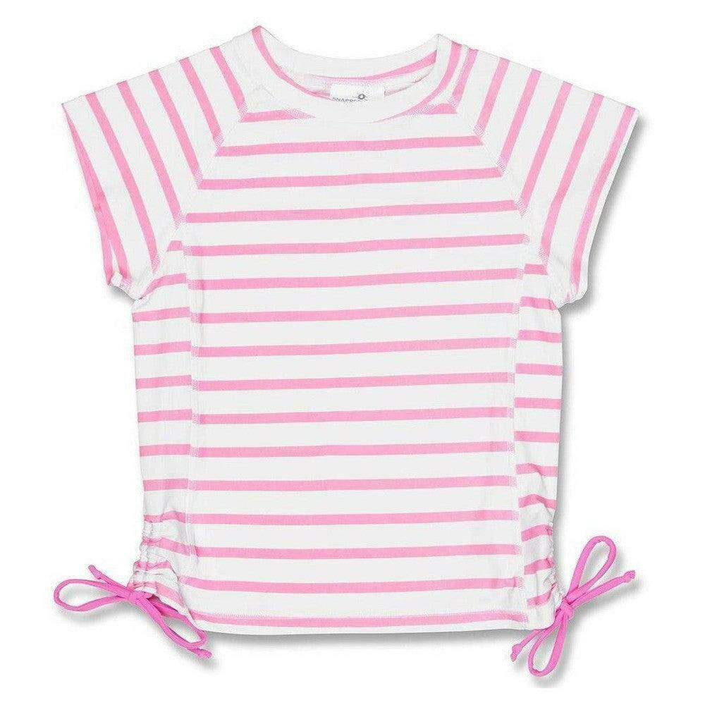 Snapper Rock UV-zwemshirt voor kinderen met korte mouwen, wit met roze strepen en aanpasbare pasvorm