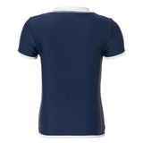 Achterkant navyblauw kinder UV-shirt met korte mouwen en witte bies