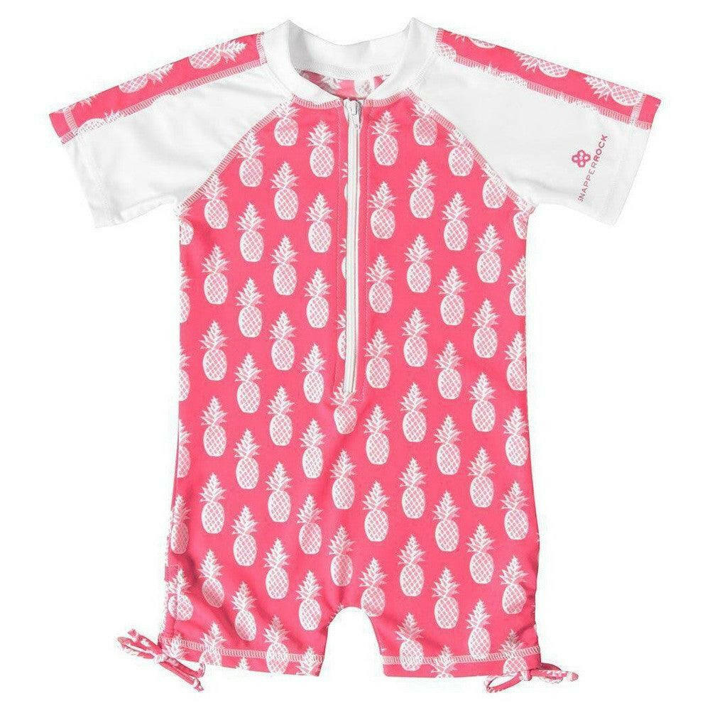 Snapper Rock kinderzwempak roze met witte ananasprint, rits en UPF50+ bescherming