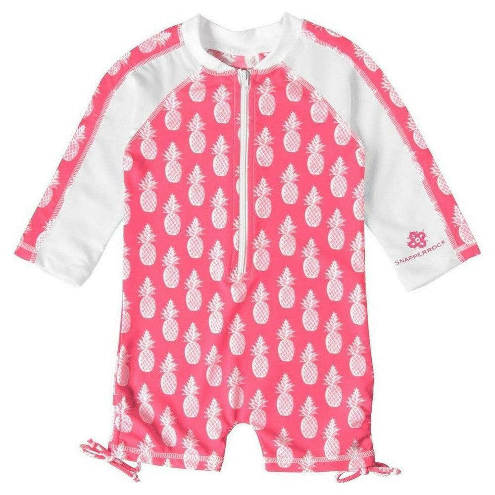 Snapper Rock kinder zwempak UPF50+ roze met rits en ananasprint detail