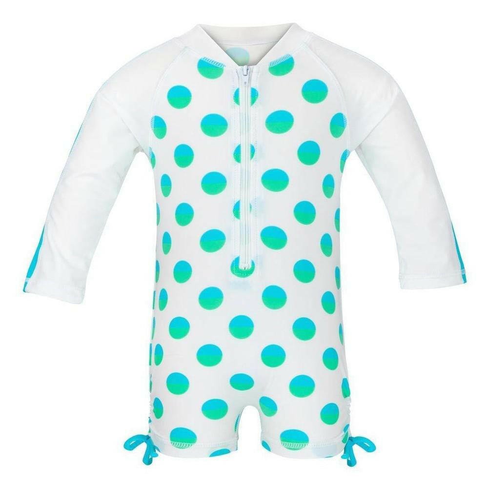 Snapper Rock UV-zwemkleding wit met groen-blauwe stippen, lange mouwen en rits