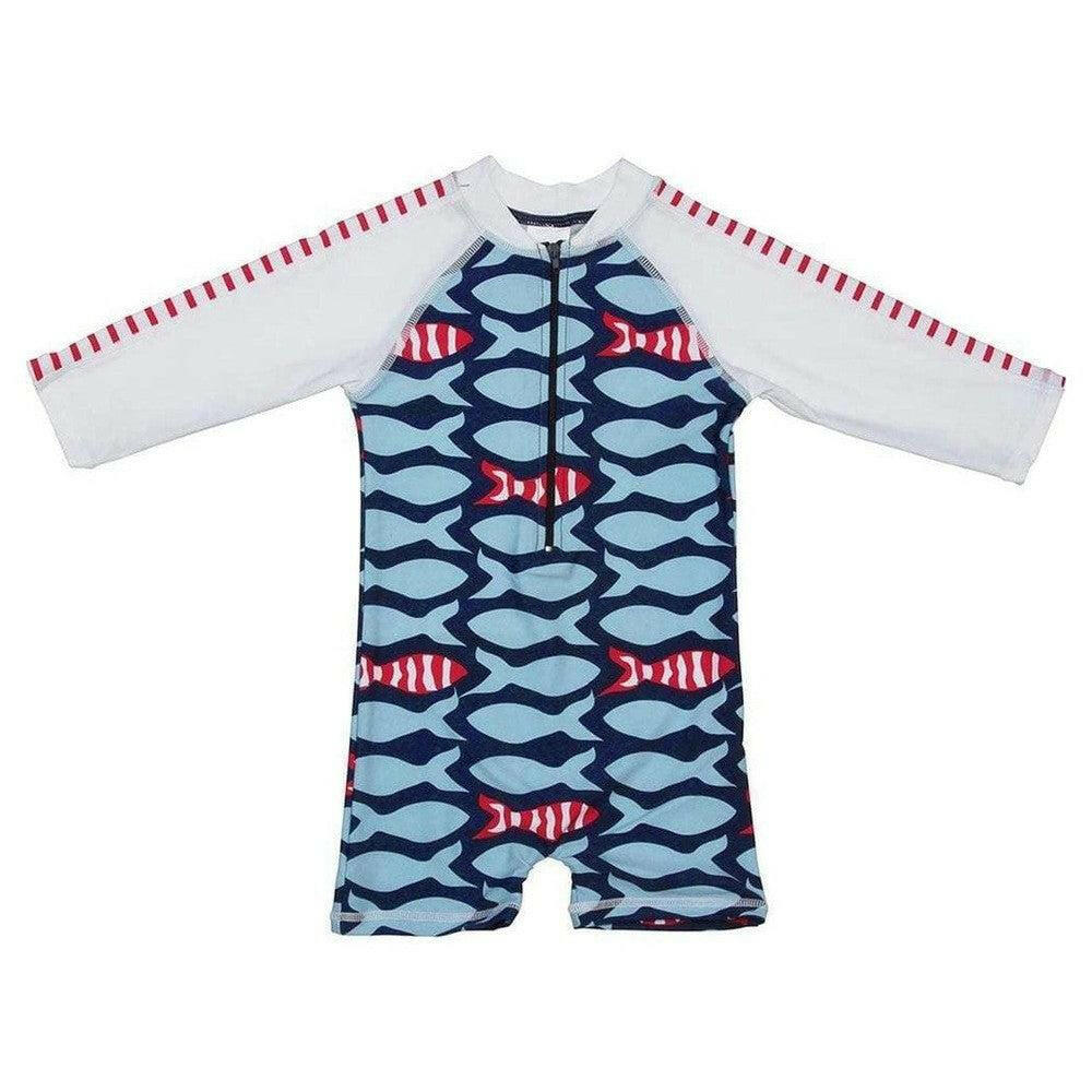 Snapper Rock UV-zwemkleding met rits en lange mouwen in wit/blauw met vispatroon