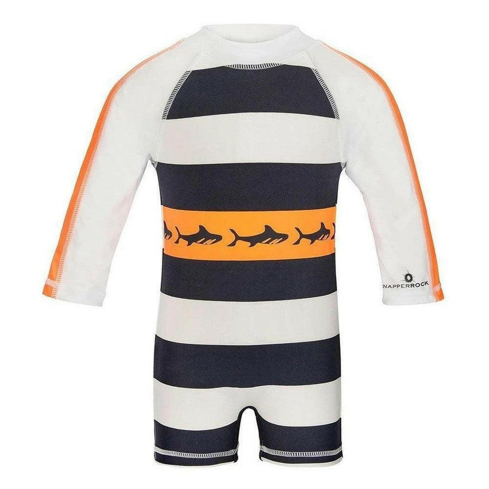 Snapper Rock UV-zwemkleding rugzijde wit-blauw gestreept met oranje haaienprint
