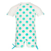 Achterkant Snapper Rock kinder zwempak wit met blauw-groen halve cirkel patroon en strikjes