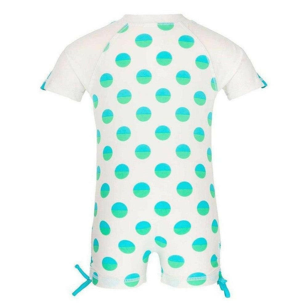 Achterkant Snapper Rock kinder zwempak wit met blauw-groen halve cirkel patroon en strikjes