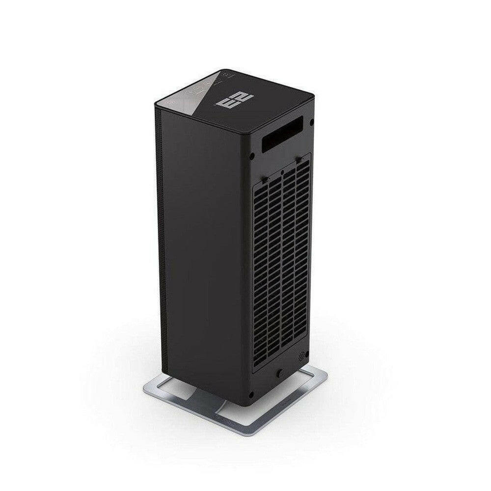 Zijkant zwarte Stadler Form heater met horizontaal ribbelig ventilatierooster