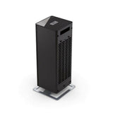 Zijkant zwarte Stadler Form heater met horizontaal ribbelig ventilatierooster