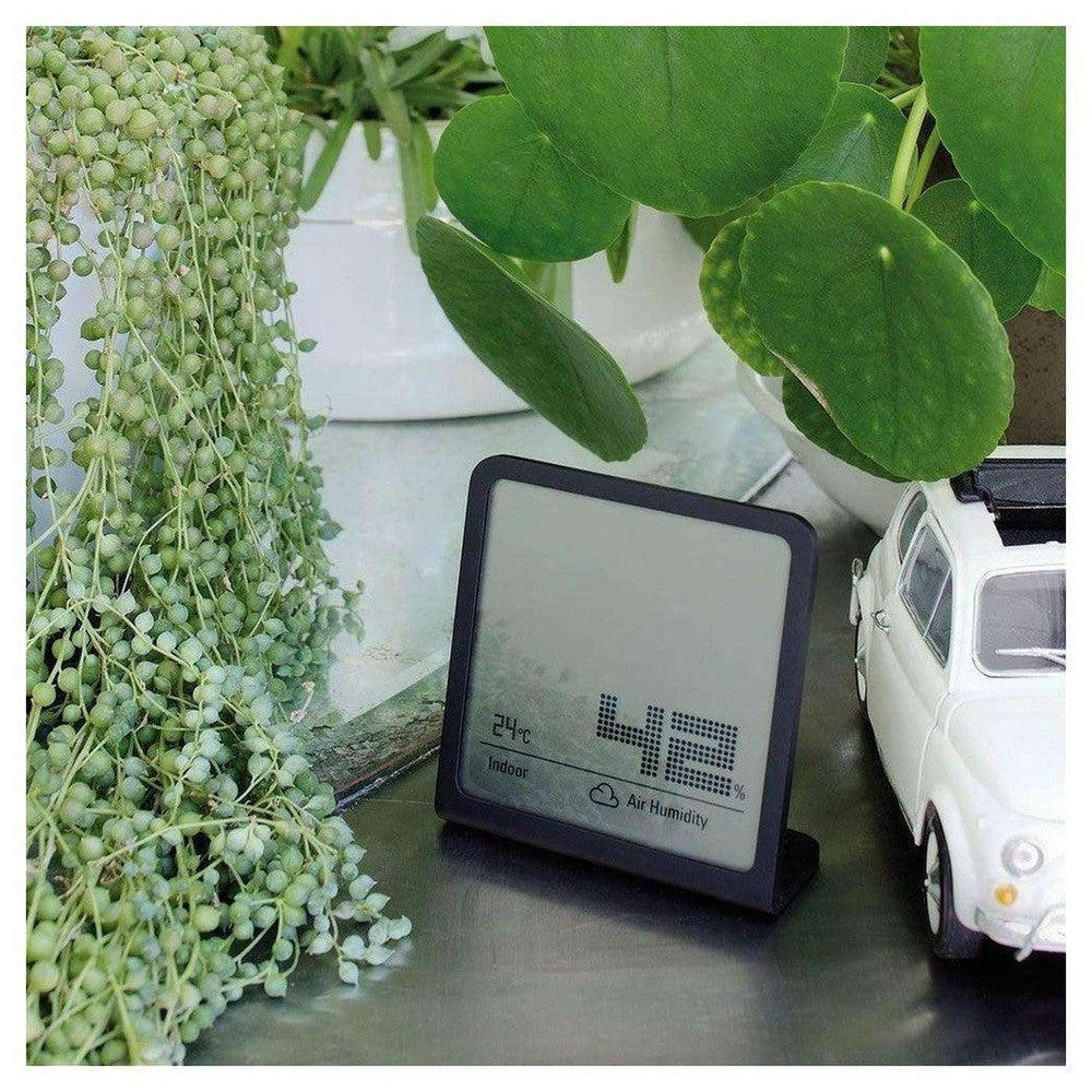 Zwarte Stadler Form hygrometer in woonkamer tussen groene planten met digitale weergave van 24 graden en 42% vochtigheid