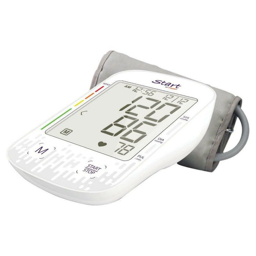 Close-up witte Start by iHealth BPa bloeddrukmeter met WHO kleurenbalk en digitaal scherm voor thuismeting