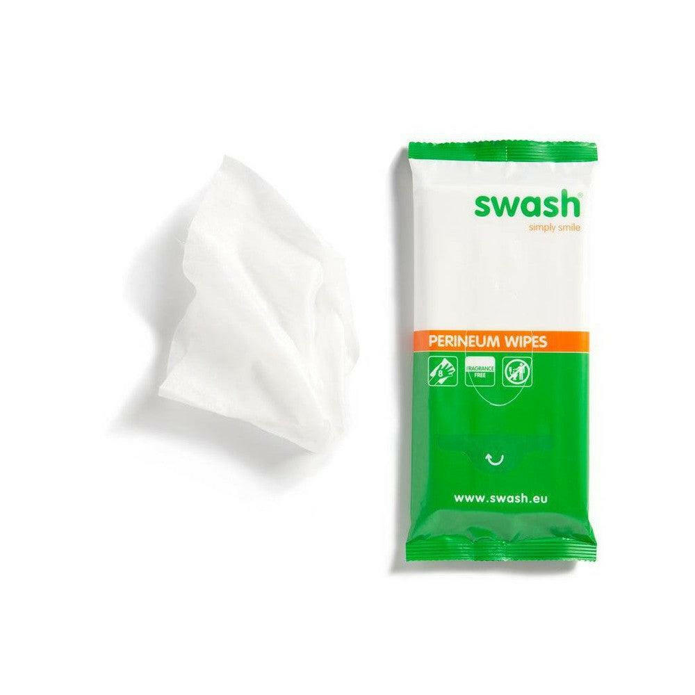 Wit zacht Swash perineum wasdoekje naast verpakking, dermatologisch getest voor gevoelige huid