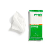 Wit zacht Swash perineum wasdoekje naast verpakking, dermatologisch getest voor gevoelige huid