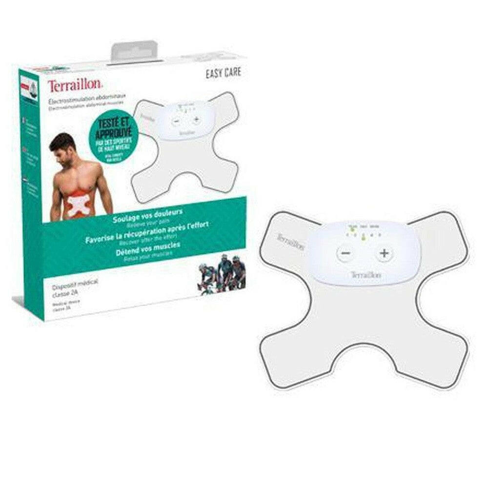 Terraillon Easy Care verpakking met groen-wit ontwerp en wit X-vormig EMS pad voor pijnverlichting