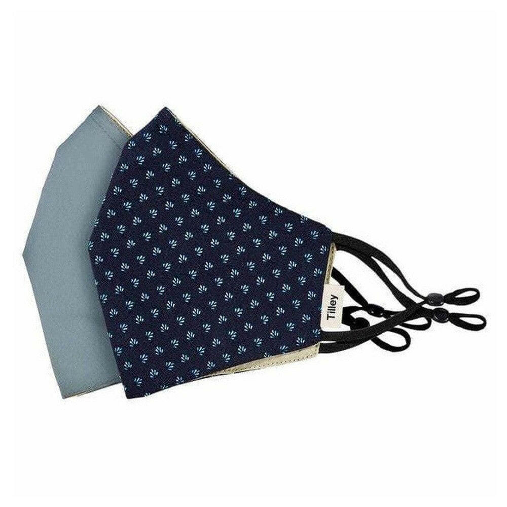 Tilley herbruikbare mondmaskers 2-pack Navy Print en Solid Mid Blue