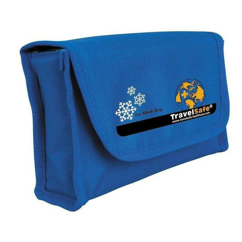 Blauwe TravelSafe Iso Medi Bag medicijnkoeltas met logo en sneeuwvlokken symbool