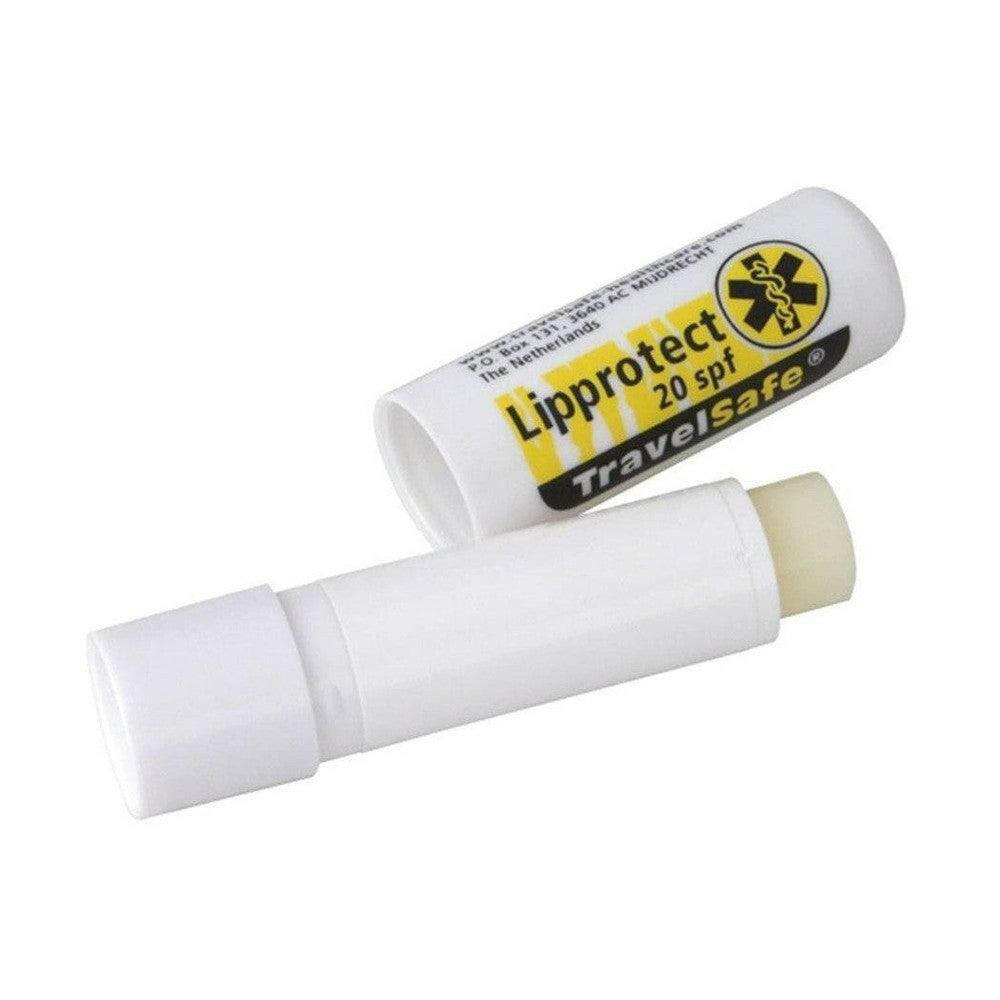 Open TravelSafe Lipprotect lippenbalsemstift met lichtgele balsem en SPF 20 label