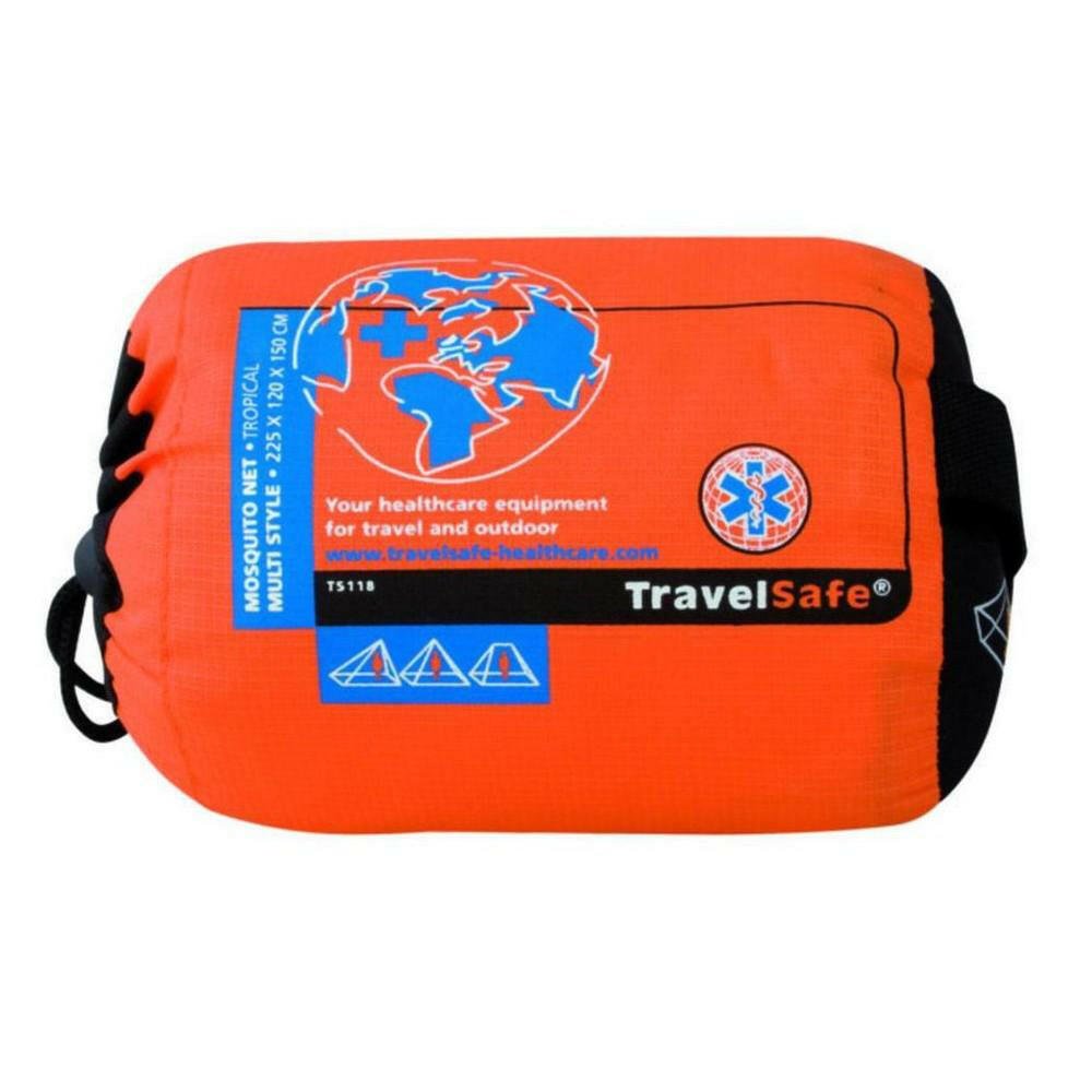 TravelSafe Multi Style klamboe verpakt in oranje draagtas met afmetingen