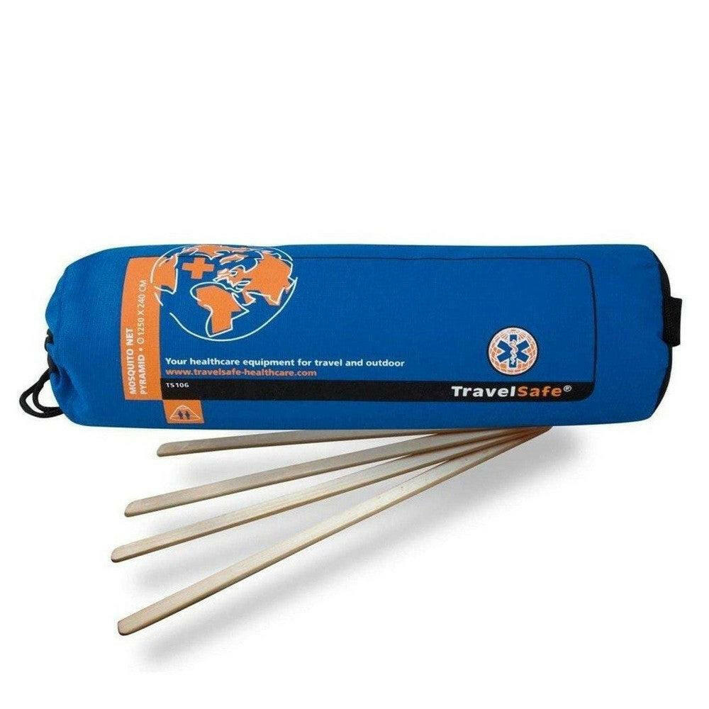 Blauwe draagtas TravelSafe klamboe met oranje label en houten staven