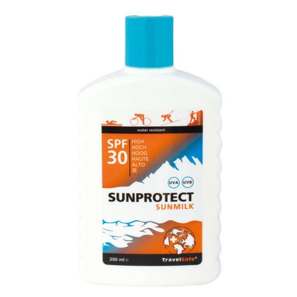 TravelSafe zonnebrandcrème SPF 30 in witte fles met blauwe dop voor huidtype 1 en 2